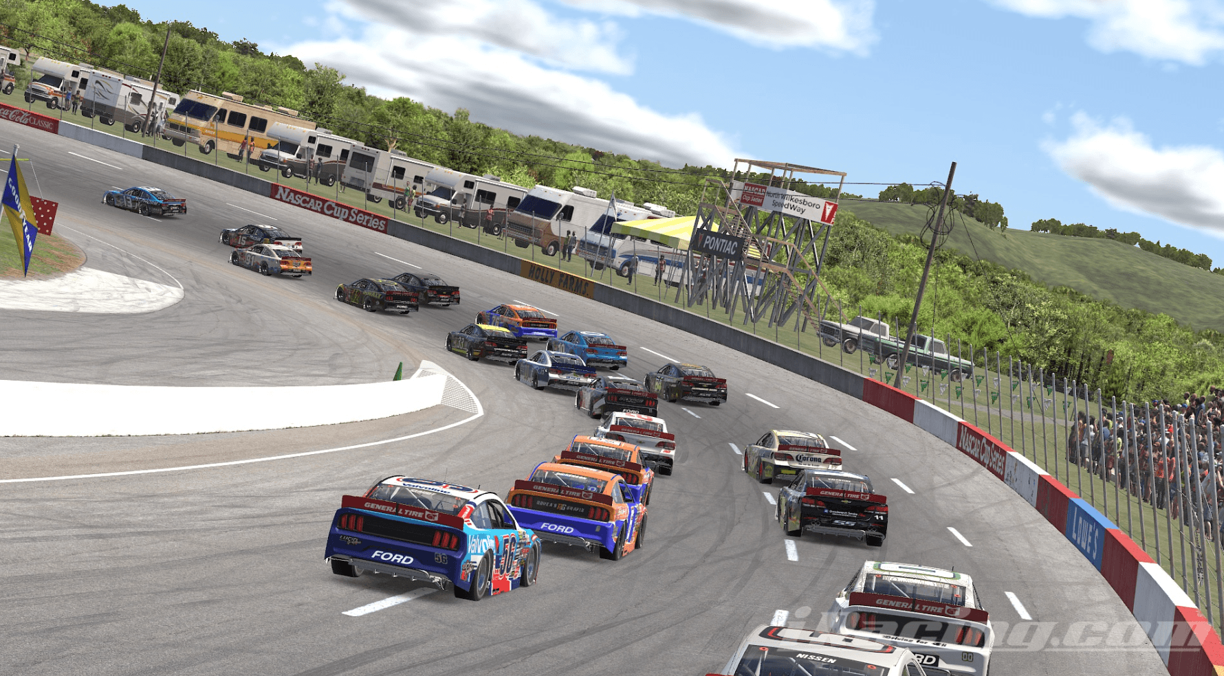 A full field charging through North Wilkesboro Speedway